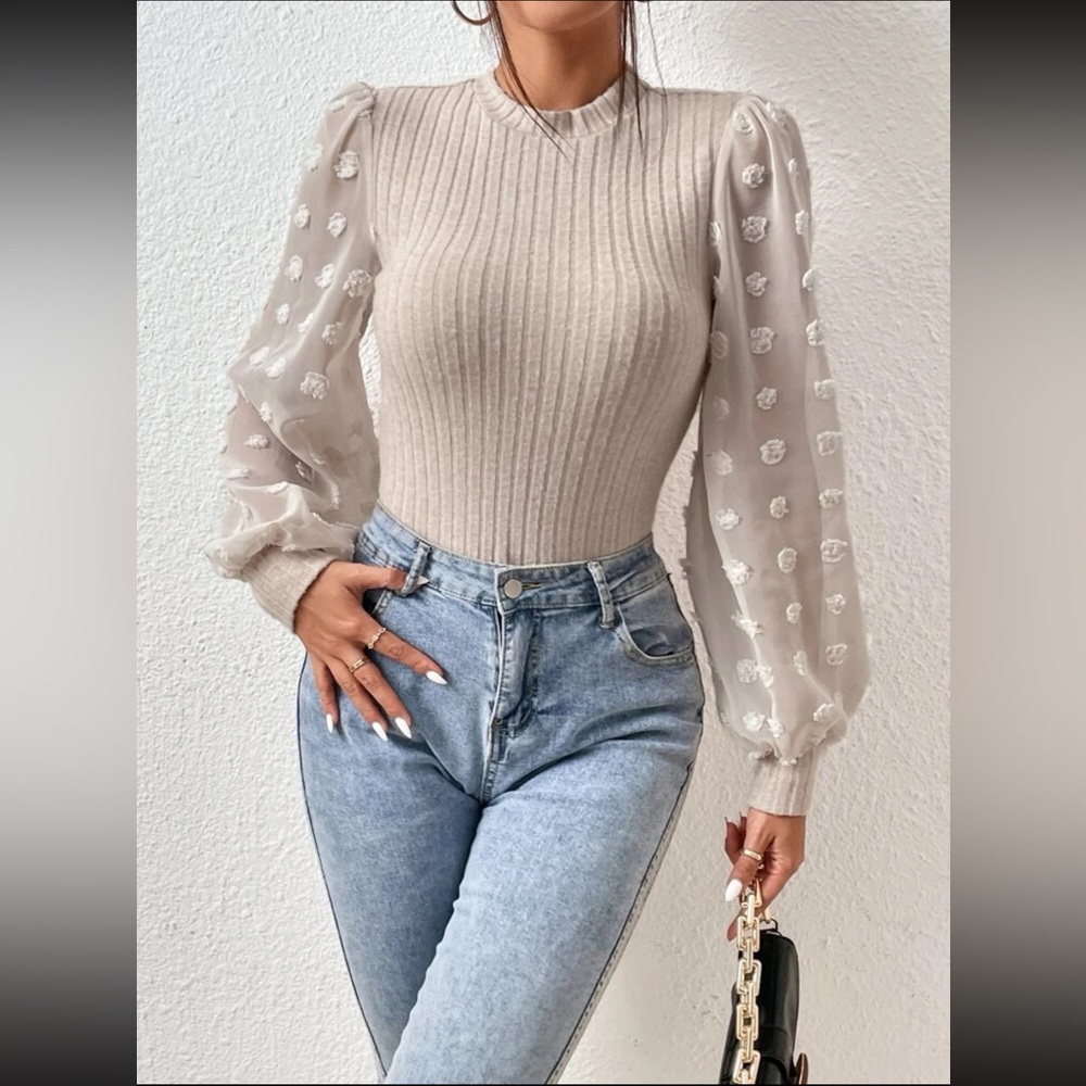 Swiss Dot Lantern Sleeve Mock Neck Bodysuit